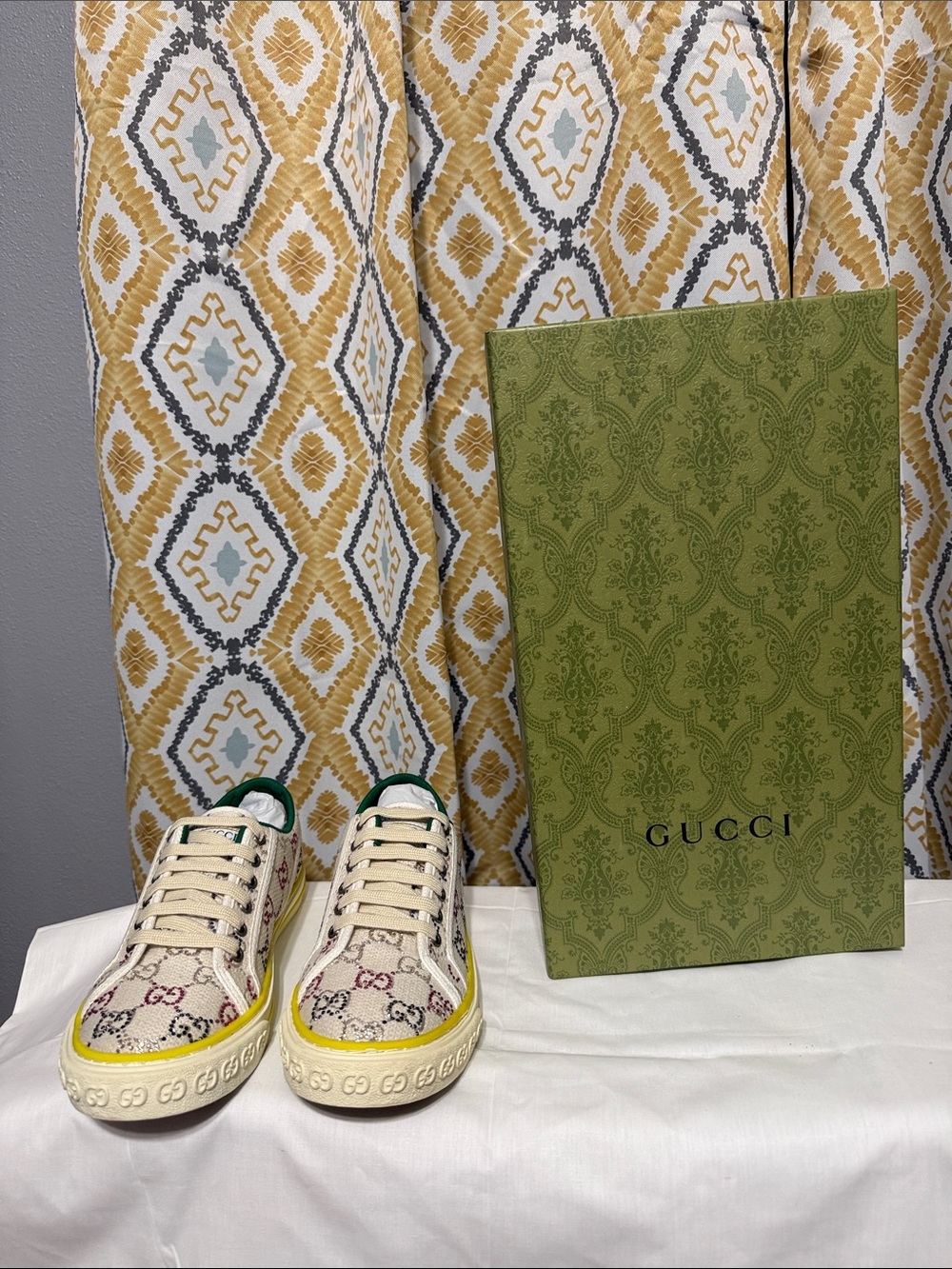 Gucci Beige GG Canvas Sneakers with Yellow Trim and Green